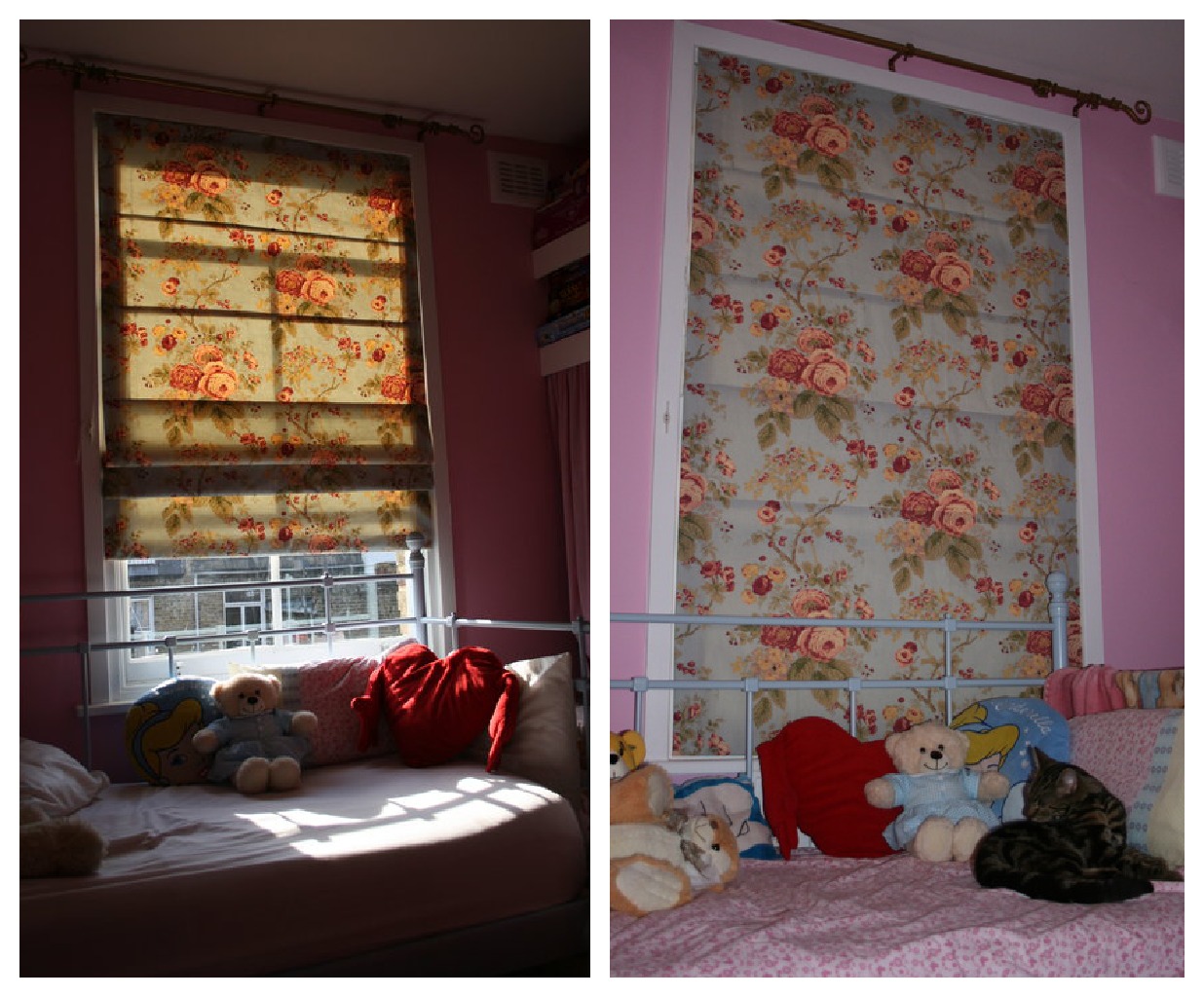 Roman blinds in rose fabric